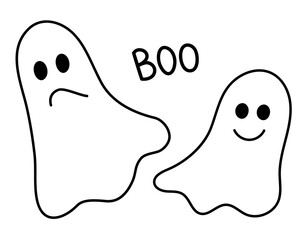 Abstract cartoon flying ghost for Halloween. Sad and funny phantoms. Happy Halloween! Stylized Vector illustration. Hand draw doodle style. Black outlines isolated on a white background.