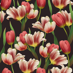 Seamless pattern of realistic  tulips and green leaves on black background