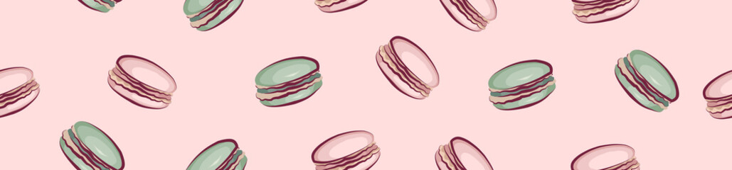 Children's seamless border of macaroons on a pink background.