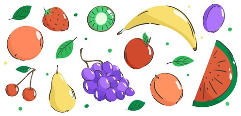 Set of colorful cartoon fruit icons: apple, pear, strawberry, orange, peach, plum, banana, watermelon, grapes, cherry, kiwi. Vector illustration, isolated on white.
