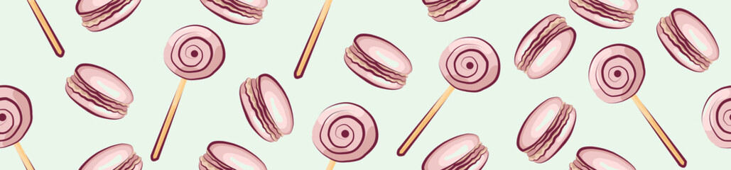 Children's seamless border of lollipops and macaroons on a blue background.