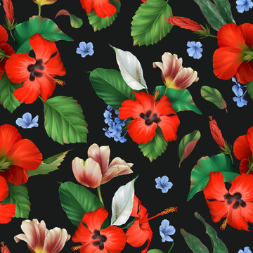 Seamless pattern of realistic tropical red hibiscus tulip and white  flowers with green leaves on dark background