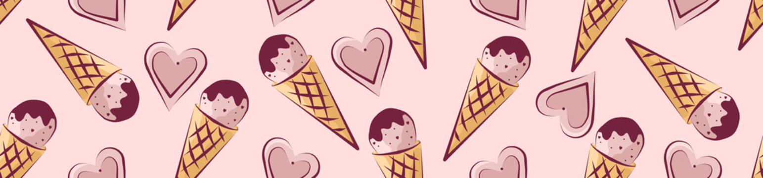 Children's seamless border of ice cream and hearts on a pink background. 