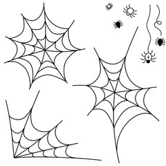 Set of abstract doodle - Halloween spiderweb and spider. Black outlines isolated on a white. Hand drawn vector illustration for cards, stickers, textile, background, goods, packaging and design.