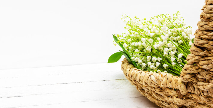 bouquet of white lily of the valley flowers in basket on white wooden background with copy space