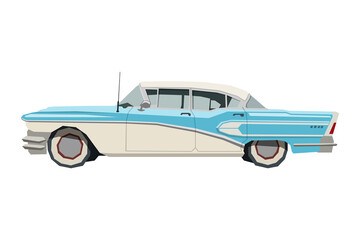 Obraz premium Nursery retro car drawing. Vintage car in cartoon style. Isolated vehicle print for kids game room decor. Side view of old automobile. Classic blue auto for toddler wall art