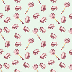 Colorful children's pattern of macaroons and lollipops on a blue background.