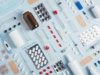 Pattern made with tablets blisters, pills, bottle, thermometer and syringe on bright white background. Creative pharmacy or medical industry concept. Flat lay, top view.