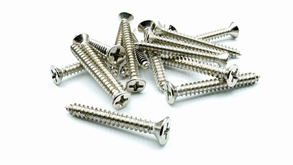 Self tapping metal screws isolated on white background, Stainless steel screws accessories material of carpentry