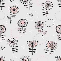 Seamless pattern with cute doodle-style flowers. Vector.