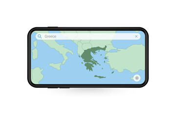 Searching map of Greece in Smartphone map application. Map of Greece in Cell Phone.