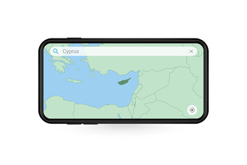 Searching map of Cyprus in Smartphone map application. Map of Cyprus in Cell Phone.