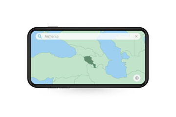 Searching map of Armenia in Smartphone map application. Map of Armenia in Cell Phone.