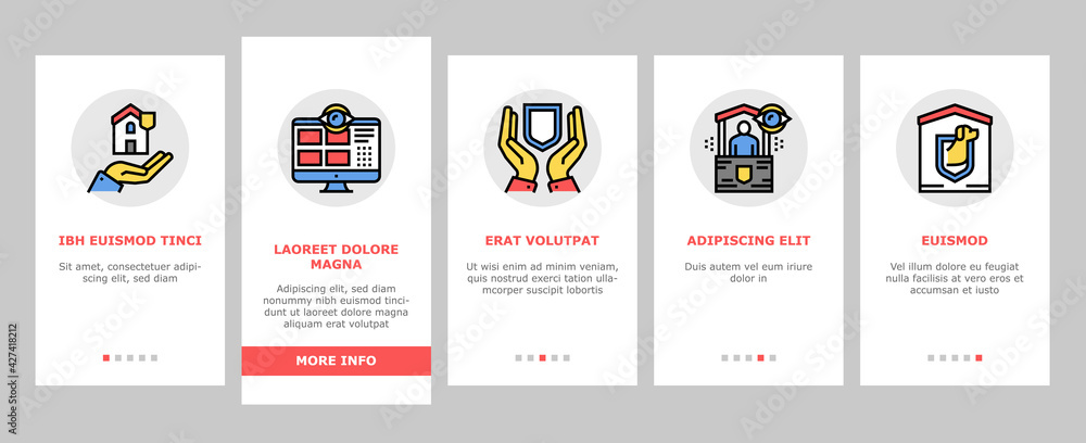 Poster home security device onboarding mobile app page screen vector. motion sensor and cctv camera, alarm 