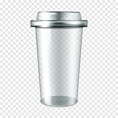 Clear empty plastic cup with lid on transparent background, realistic mockup. To go beverage mug, template. Disposable takeaway drink container, vector mock-up