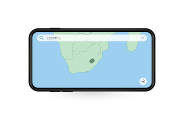 Searching map of Lesotho in Smartphone map application. Map of Lesotho in Cell Phone.