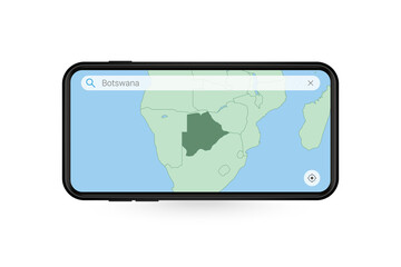 Searching map of Botswana in Smartphone map application. Map of Botswana in Cell Phone.