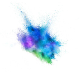 Explosion of colored, fluid and neoned powder on white studio background with copyspace