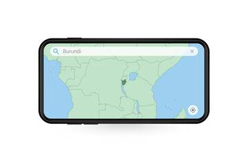 Searching map of Burundi in Smartphone map application. Map of Burundi in Cell Phone.