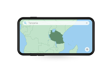 Searching map of Tanzania in Smartphone map application. Map of Tanzania in Cell Phone.