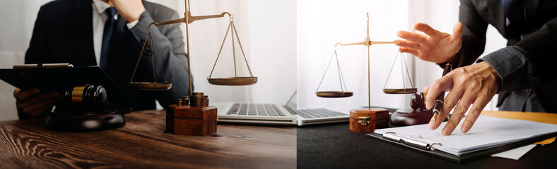 Business and lawyers discussing contract papers with brass scale on desk in office. Law, legal...