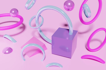 3d render shiny metallic pink purple and pastel blue geometric shapes