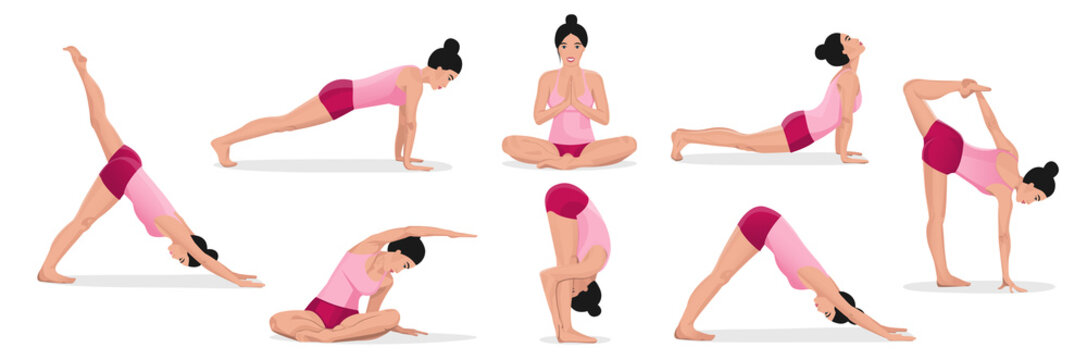 set woman exercising yoga training poses on white isolated background. Vector illustration