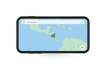Searching map of Nicaragua in Smartphone map application. Map of Nicaragua in Cell Phone.