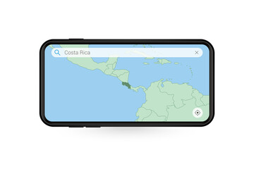 Searching map of Costa Rica in Smartphone map application. Map of Costa Rica in Cell Phone.