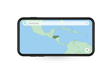 Searching map of Honduras in Smartphone map application. Map of Honduras in Cell Phone.