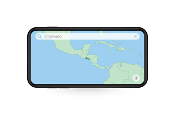 Searching map of El Salvador in Smartphone map application. Map of El Salvador in Cell Phone.
