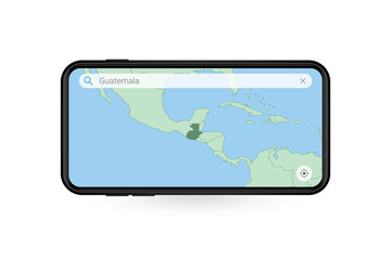 Searching map of Guatemala in Smartphone map application. Map of Guatemala in Cell Phone.