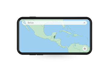 Searching map of Belize in Smartphone map application. Map of Belize in Cell Phone.