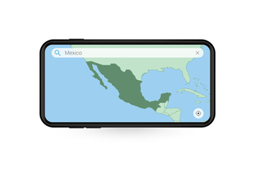 Searching map of Mexico in Smartphone map application. Map of Mexico in Cell Phone.