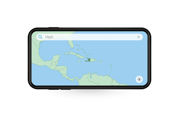 Searching map of Haiti in Smartphone map application. Map of Haiti in Cell Phone.