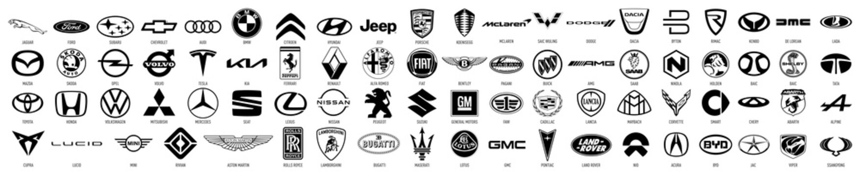 Big Set of popular logos of cars brands: Audi, Toyota, Jeep, Tesla, Porsche, Mercedes, BMW, Ferrari, Lamborghini, Volvo, Opel, Honda. Volkswagen, Nissan, and much more,