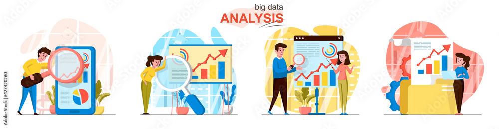 Poster Big Data analysis concept scenes set. Analysts collect statistics, analyze charts, database, business development. Collection of people activities. Vector illustration of characters in flat design