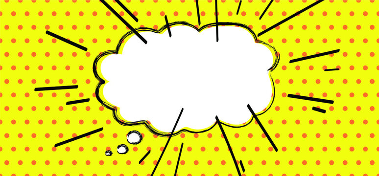 Drawing empty blank comic strips sign. Cartoon speech bubble cloud for slogan quote or text In pop art retro  80 70 year style Funny vector clipart sketch. Yellow background banner and polka dots icon