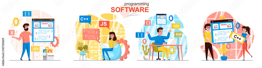 Poster Programming software concept scenes set. Developers code in different programming languages, create app interface. Collection of people activities. Vector illustration of characters in flat design