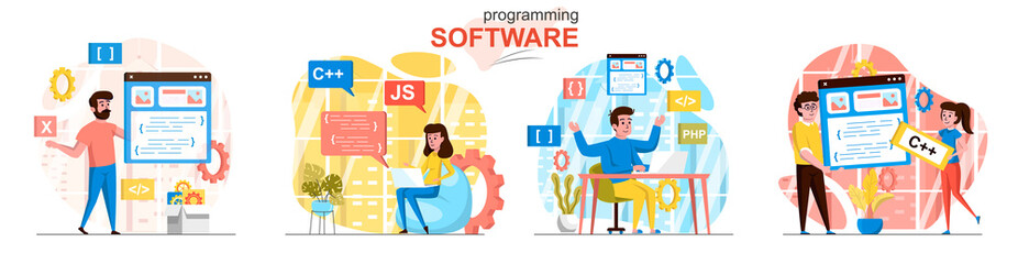 Programming software concept scenes set. Developers code in different programming languages, create app interface. Collection of people activities. Vector illustration of characters in flat design
