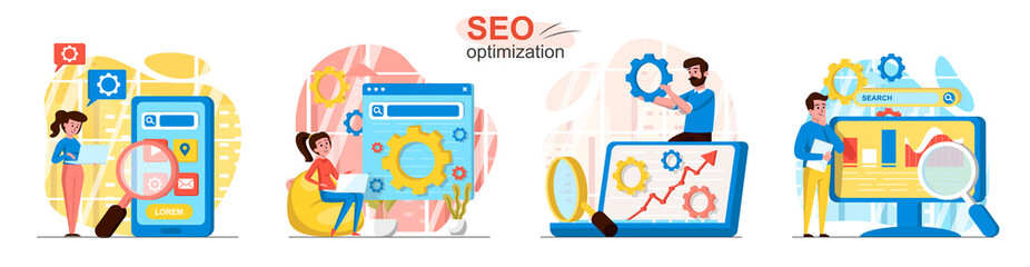 Seo optimization concept scenes set. Analytics team setting search, analyzes data, increases traffic, development. Collection of people activities. Vector illustration of characters in flat design