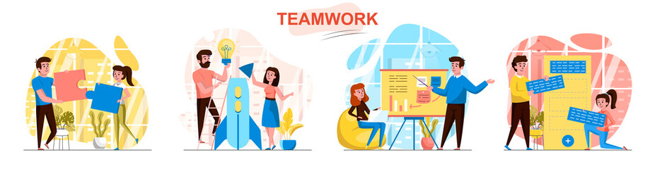 Teamwork concept scenes set. Employees work on project together, launch startup, hold business meeting, collaboration. Collection of people activities. Vector illustration of characters in flat design