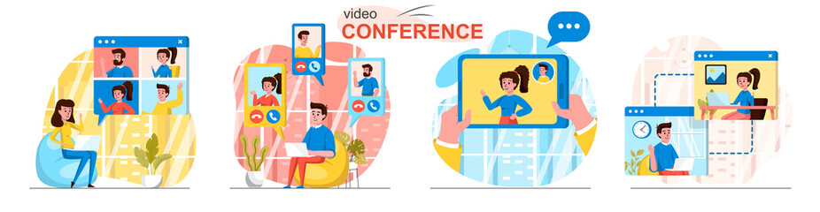Video conference concept scenes set. Employees make video call to colleagues, men and women meet online with friends. Collection of people activities. Vector illustration of characters in flat design