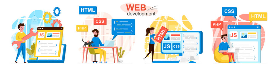 Web development concept scenes set. Developers code in different programming languages, create web pages, interfaces. Collection of people activities. Vector illustration of characters in flat design