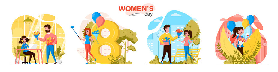 Women's day concept scenes set. Men give flowers, congratulate on holiday, young girls take selfie, celebrating. Collection of people activities. Vector illustration of characters in flat design