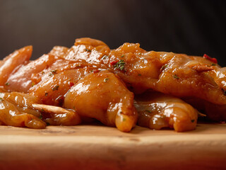 Marinated raw chicken pieces on a wooden skewer. Summer barbeque range product. Asian style sous over poultry meat. Warm smoke background. Close up. Selective focus. Seasonal food