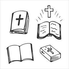 Hand-drawn Bible set isolated on white background. Christian symbols. Holy book of God. Gospel. Religion and Christianity. Vector illustration