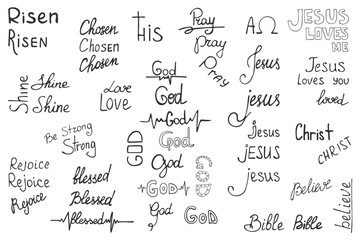 Hand-drawn big set of Christian inscriptions and words isolated on white background. Religion and Christianity. Christian Words and Phrases - God Jesus Risen the chosen bible Love. Vector illustration