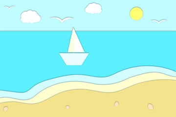 Fototapeta na wymiar seascape in Paper Cut style. Sandy coast, blue sea, clouds, birds, sun and ship