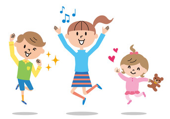元気に飛び跳ねる３人の子供達のイラスト